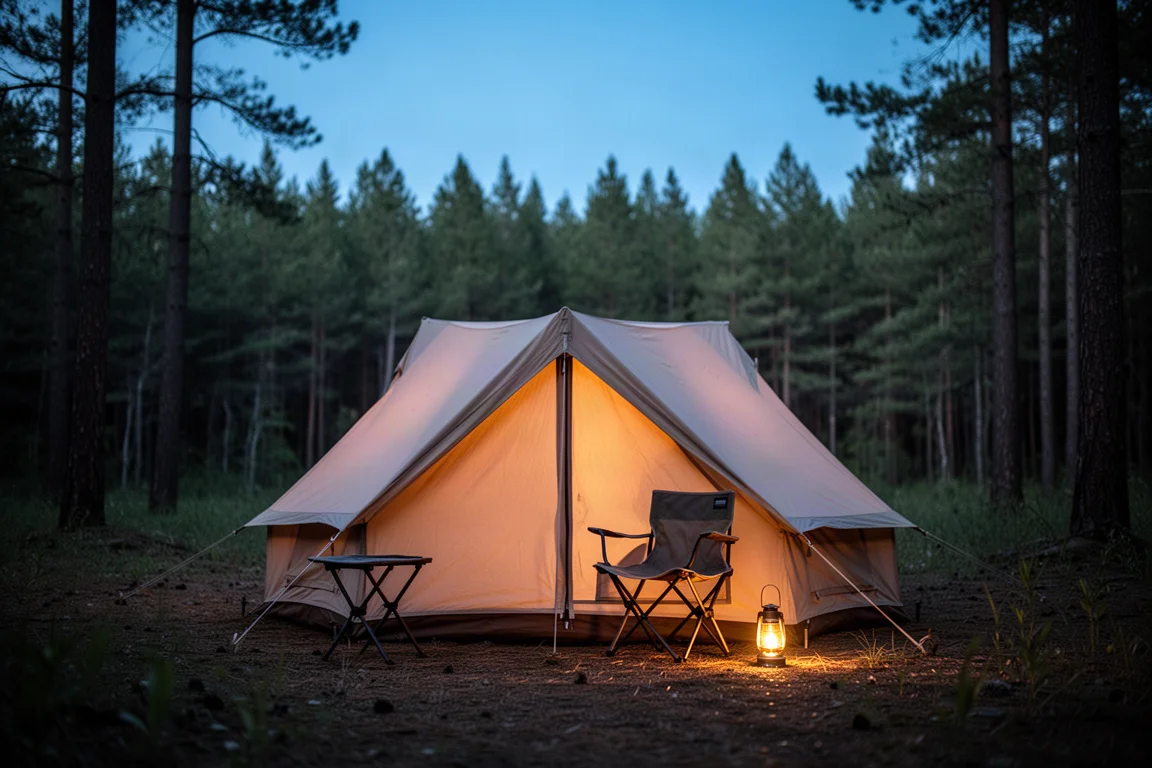 Frostbedeckter Campingplatz bei Sonnenaufgang mit Nebel zwischen Bäumen und dampfender Tasse auf einem Baumstamm