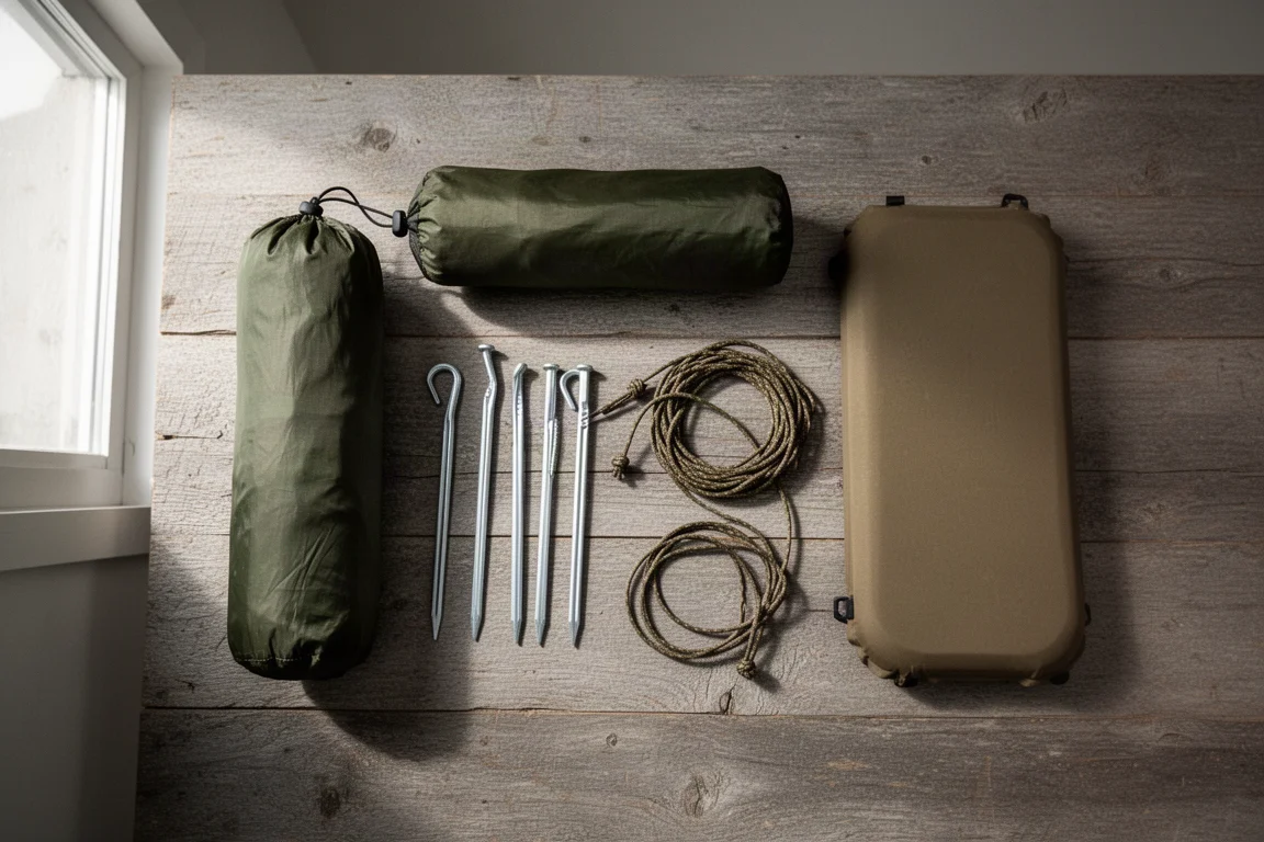 Vista cenital de un refugio bivvy enrollado con estacas de aluminio, vientos y colchoneta