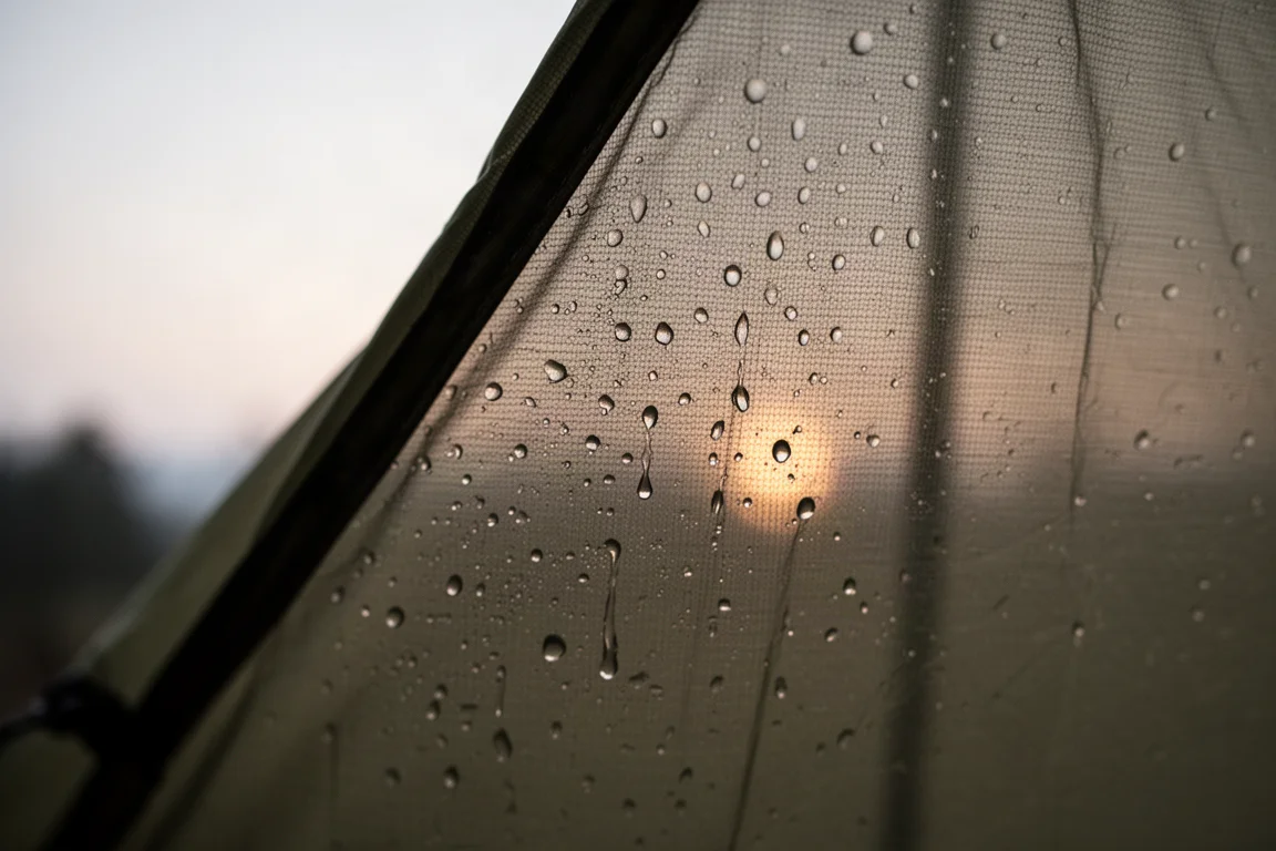 Gotas de condensación formándose en el interior de un sobretecho de silnylon al amanecer
