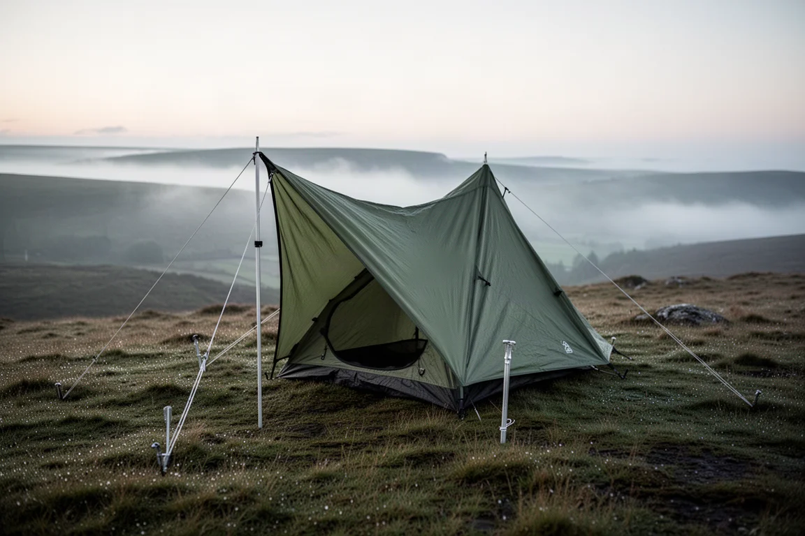 Refugio bivvy bajo de dos varillas montado en una cresta de páramo con niebla al alba