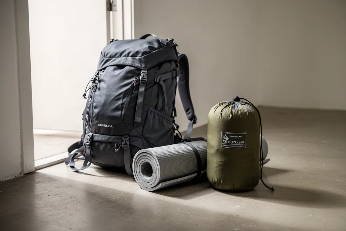 Mochila, colchoneta y refugio bivvy guardado sobre un suelo de hormigón a plena luz