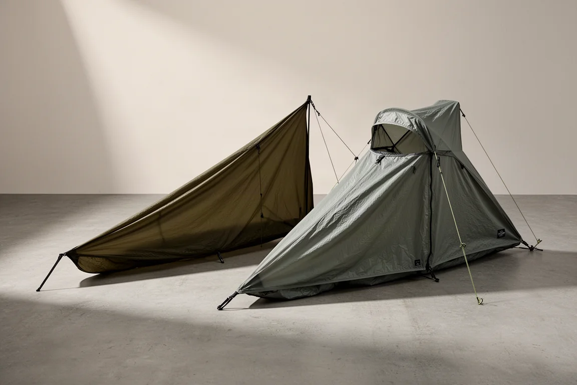 Two one-person bivvy shelters side by side on a matte concrete surface