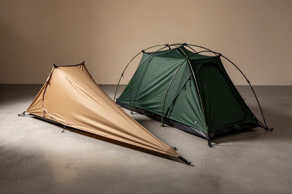Two low-profile one-person bivy shelters pitched side by side on a concrete surface