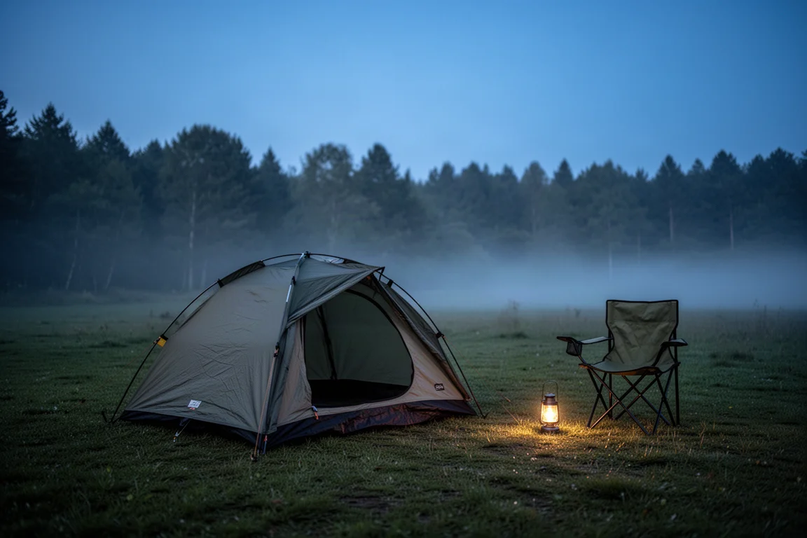 Abrigo bivvy baixo montado em um acampamento gramado ao anoitecer com uma cadeira de camping próxima