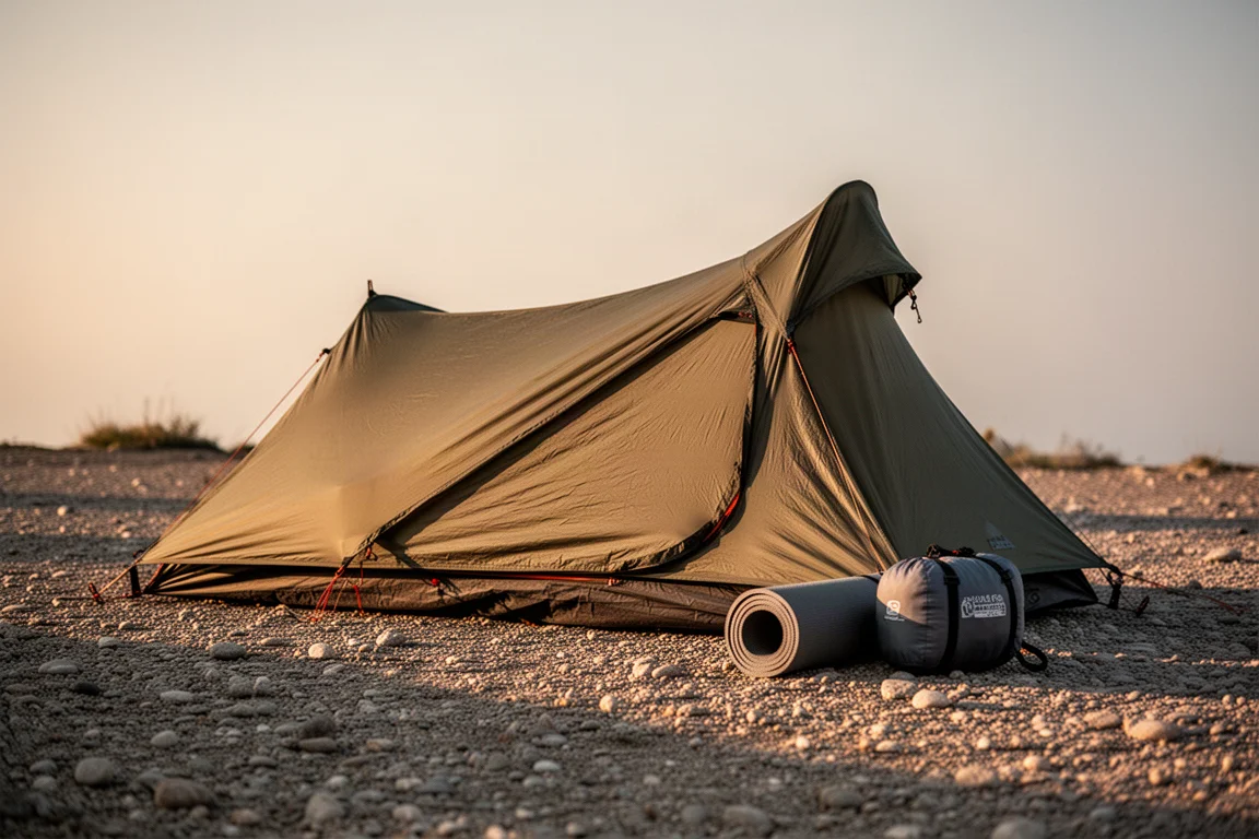 Abrigo bivvy baixo com a cabeceira elevada em um piso de cascalho na hora dourada