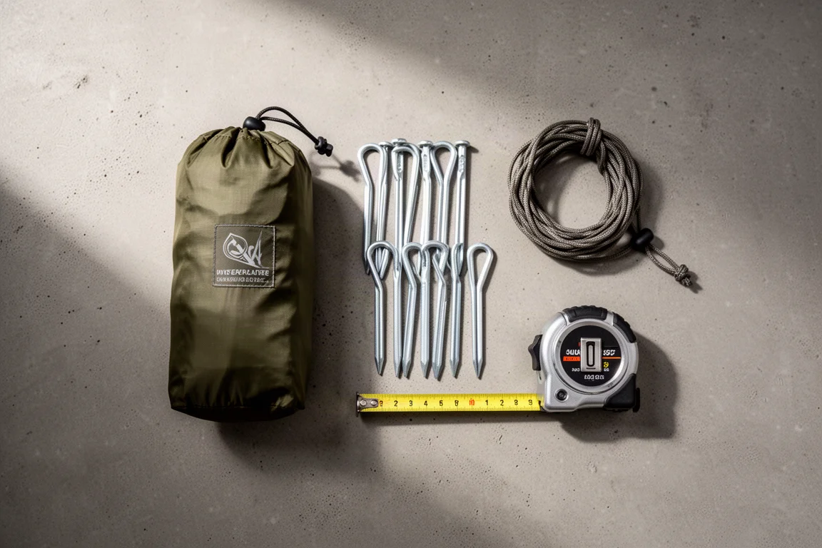Vista superior de um abrigo bivvy embalado, estacas, linha de fixação e uma trena