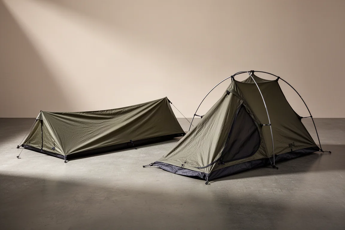 Two low one-person bivvy shelters pitched side by side on a concrete surface