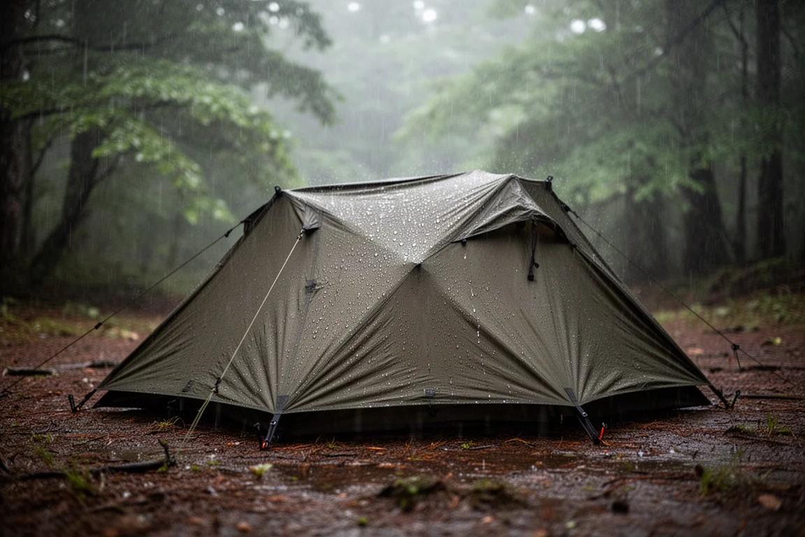 Bivy tent a profilo basso montato in una radura nebbiosa all'alba con uno zaino nelle vicinanze
