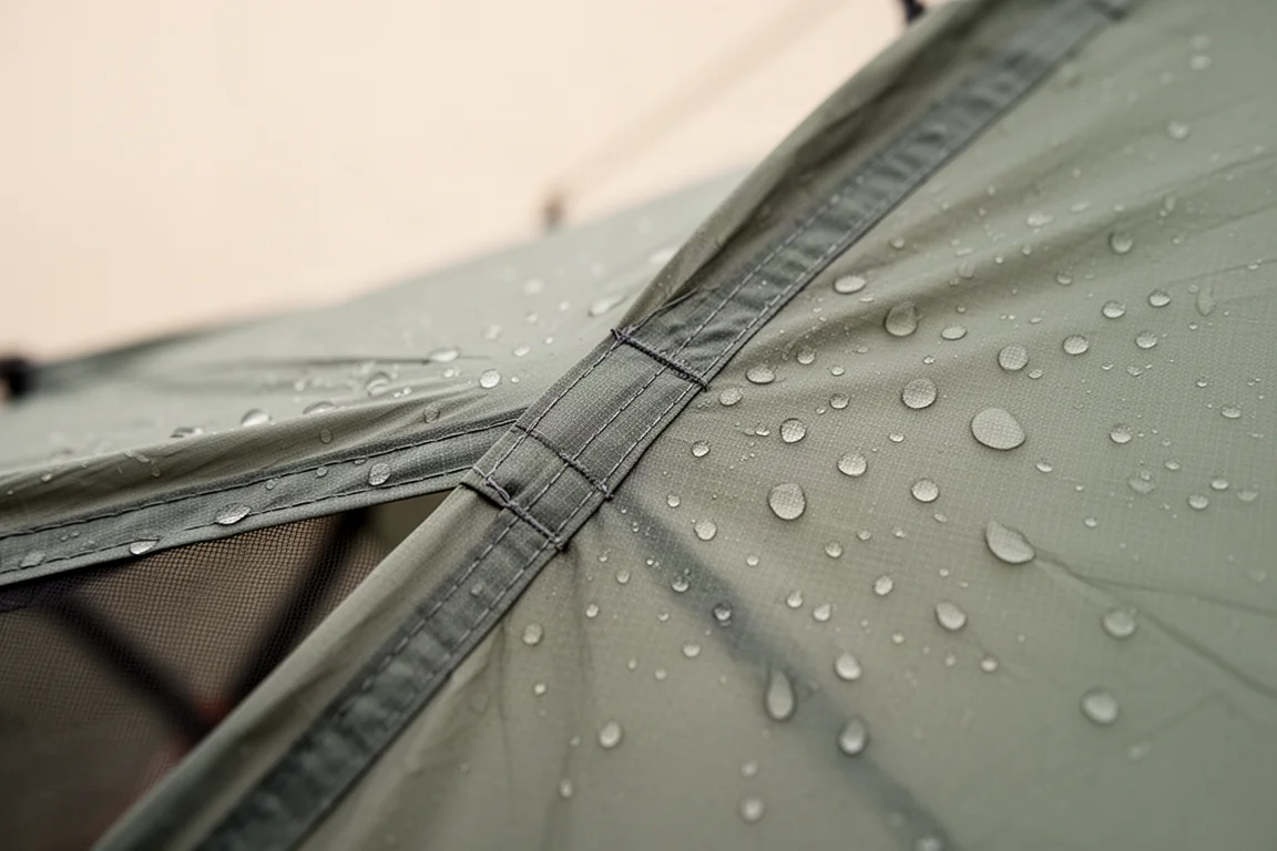 Sacco compatto della tenda appoggiato accanto all'attrezzatura da bikepacking su una superficie di cemento
