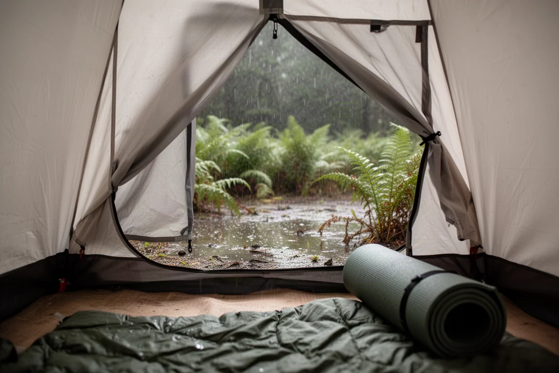 Bicicletta da bikepacking appoggiata accanto a una piccola tenda montata al crepuscolo in campagna aperta