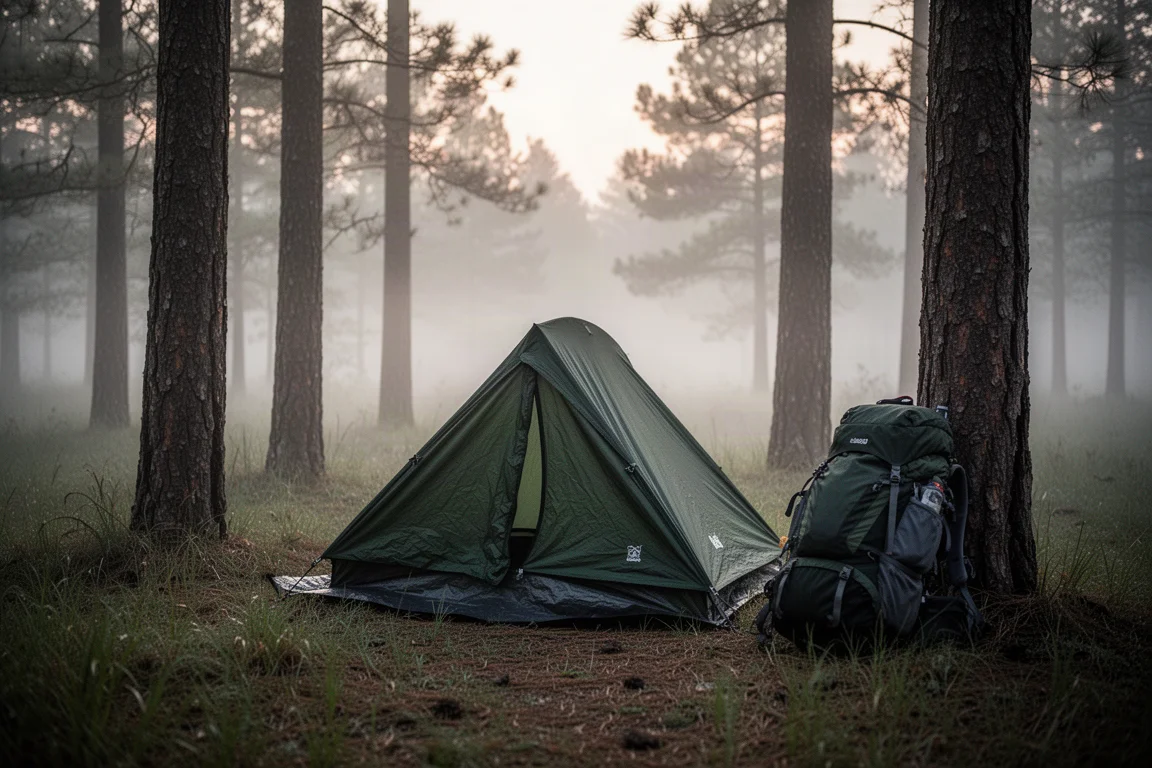 Petite tente bivy montée dans une clairière de pins brumeuse à l'aube avec un sac à dos à proximité