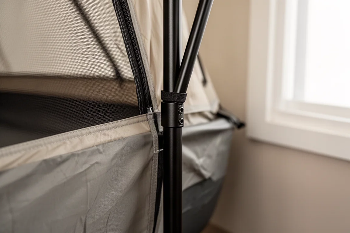 Gros plan sur un arceau de tente en aluminium enfilé dans une gaine en tissu