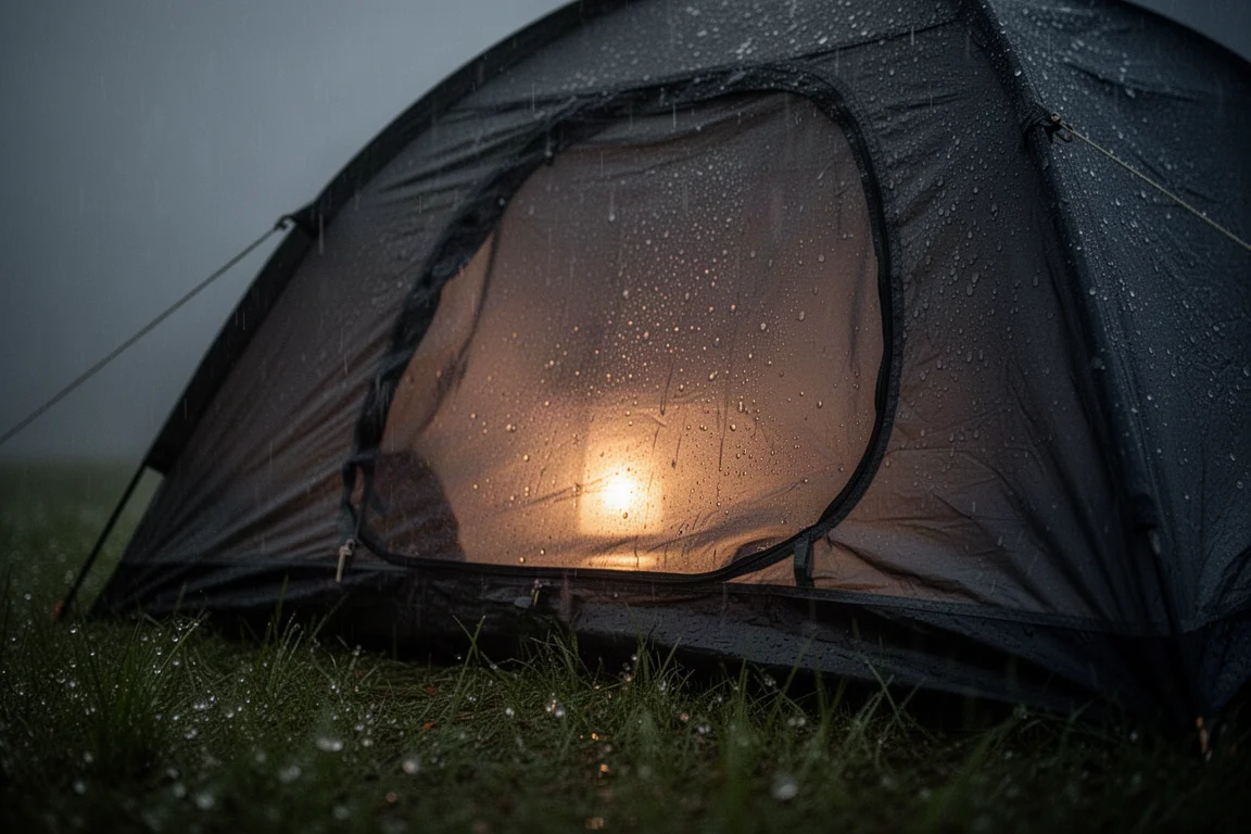 Condensation perlant à l'intérieur d'une toile de tente sombre par une nuit pluvieuse