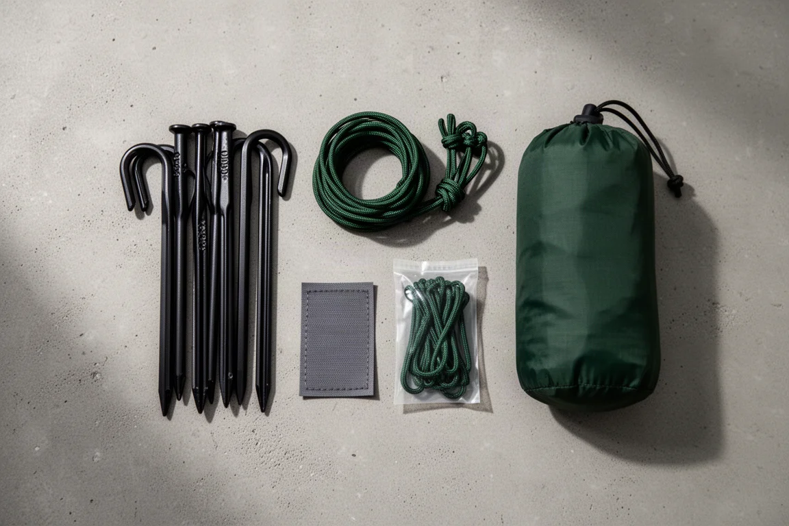 Vue à plat de piquets de tente, cordelettes, kit de réparation et sac de transport sur du béton