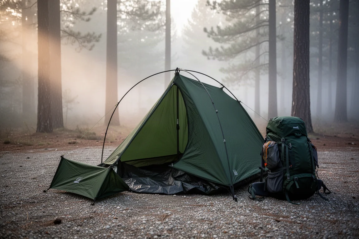 Compact dark green bivy tent pitched in a misty forest clearing at first light