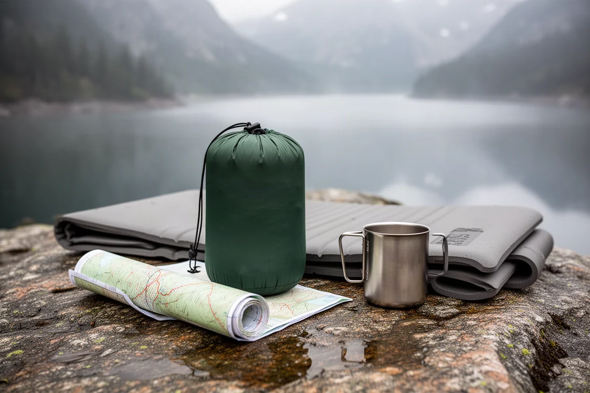 Niedriger Bivy-Unterstand auf einer grasbewachsenen Lichtung im Morgengrauen mit Nebel in der Baumgrenze