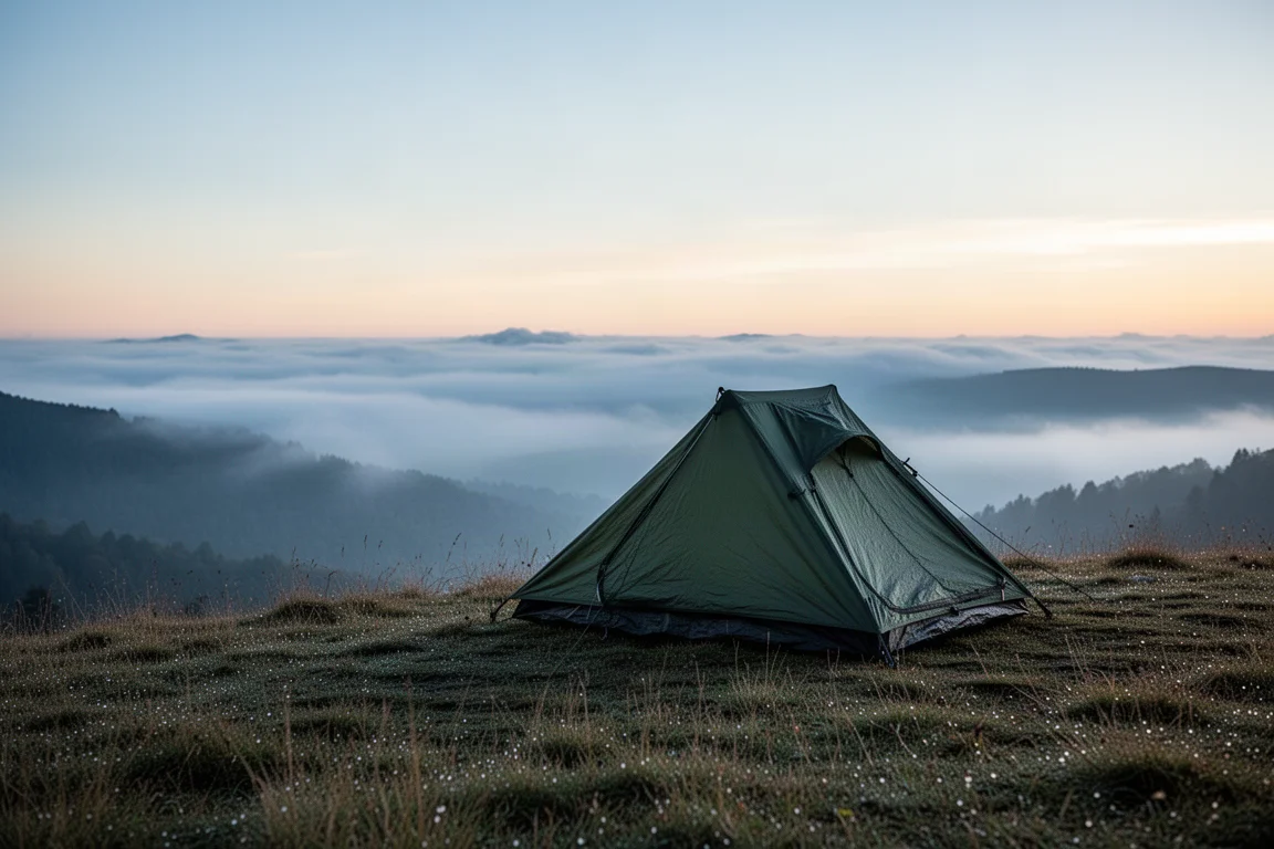 Flach ausgelegter gepackter Bivy, Aluminiumheringe und Abspannleinen auf Beton