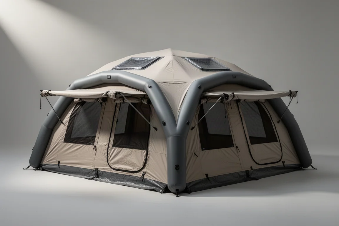 Large inflatable camping tent with extended awning and vinyl skylights on concrete