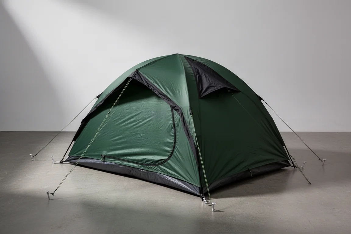 Dark green one-person backpacking tent pitched on a concrete surface with guy lines staked out