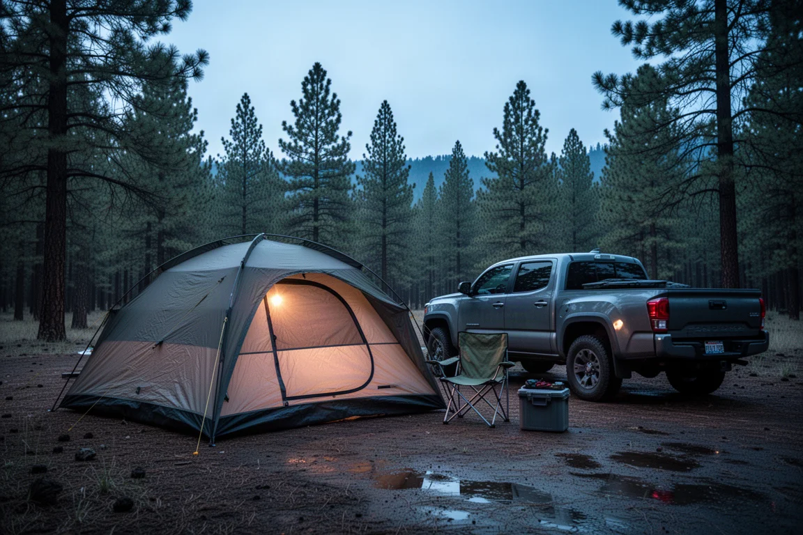 Großes grünes Campingzelt auf einem Waldcampingplatz neben einem geparkten Fahrzeug zur goldenen Stunde