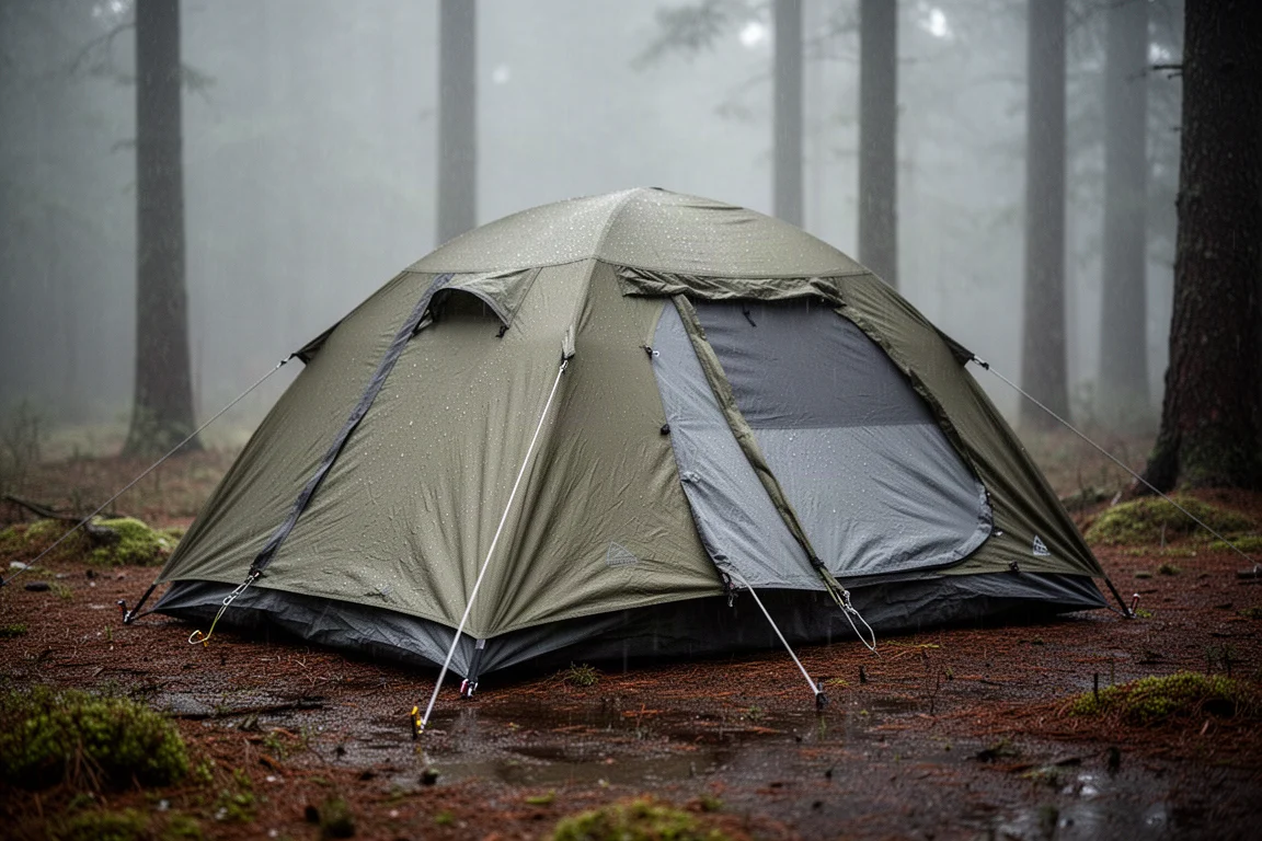 Large green two-door dome camping tent with vestibule pitched on a neutral backdrop
