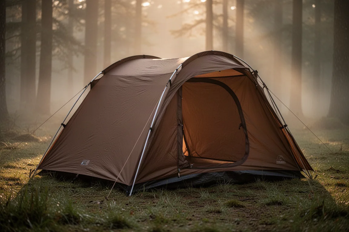 Brown two-person backpacking tent pitched in a forest clearing at golden hour
