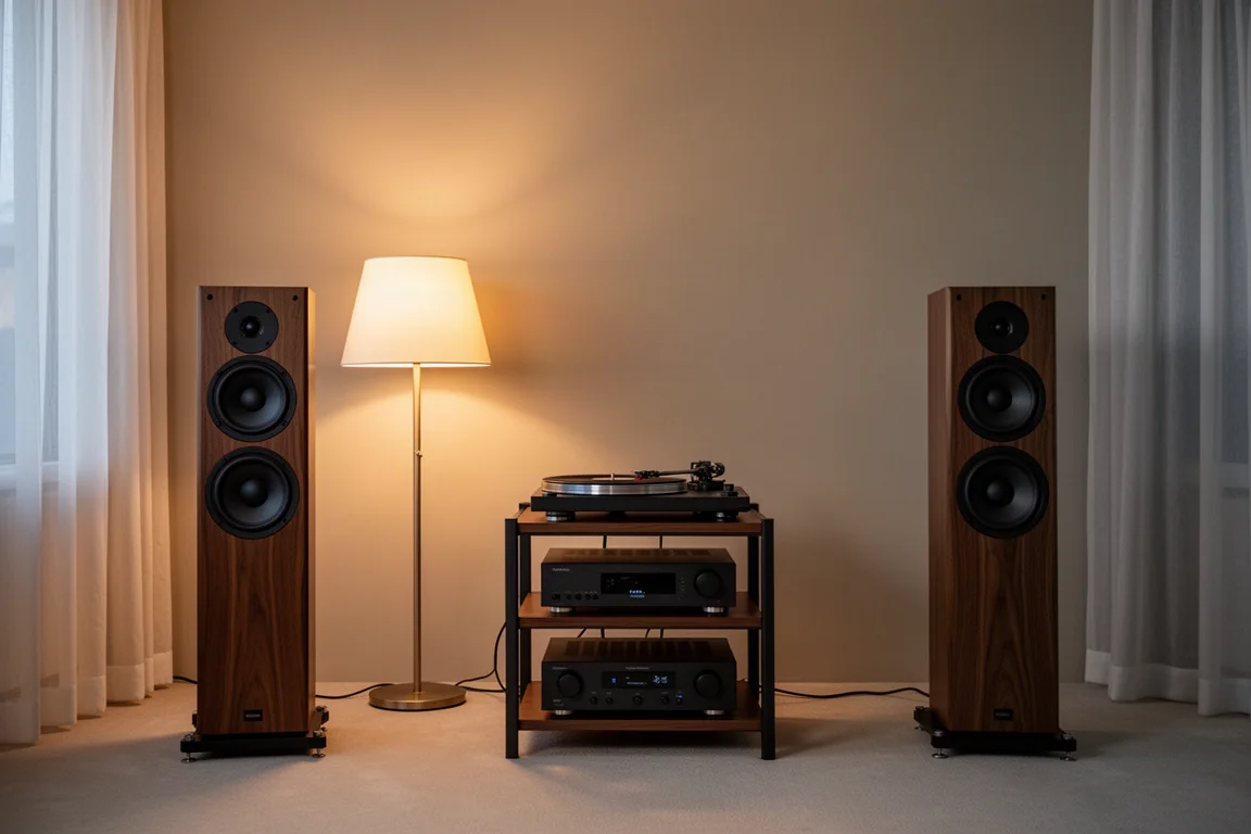 Quiet listening room at dusk with floorstanding speakers, a hi-fi rack and warm lamp light