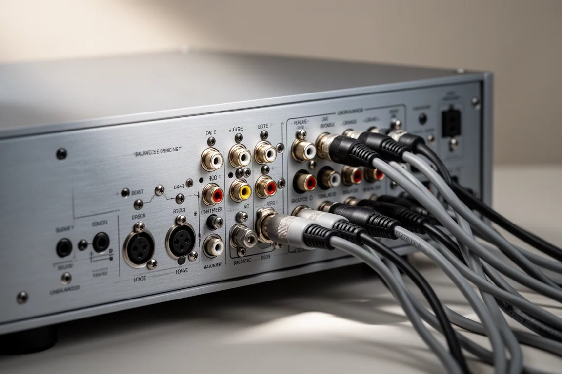 Rear panel of a high-end audio preamplifier with balanced connectors and routed cables