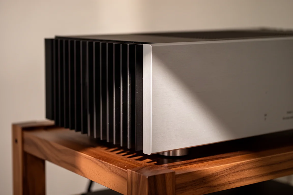 Side detail of a large power amplifier in a wooden rack showing black heatsink fins