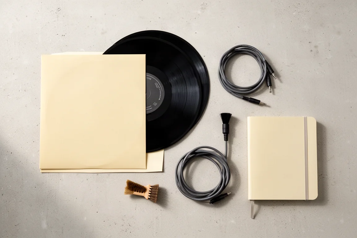 Overhead flat lay of a vinyl record, stylus brush, speaker cables and a notebook on concrete