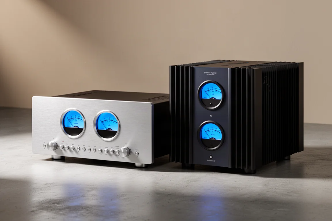 Two high-end audio components, a preamplifier and a power amplifier, side by side on concrete