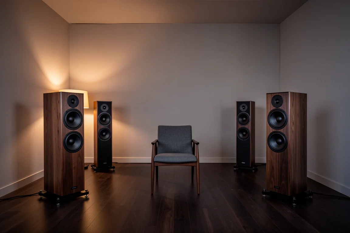 Luisterkamer bij schemer met vloerstaande speakers en een enkele stoel op de luisterpositie