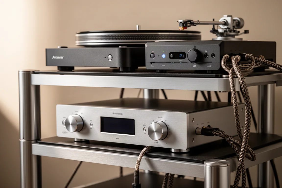 Close-up van een hifi-rack met een slanke voorversterker, draaitafel en streamer verbonden door gevlochten kabels