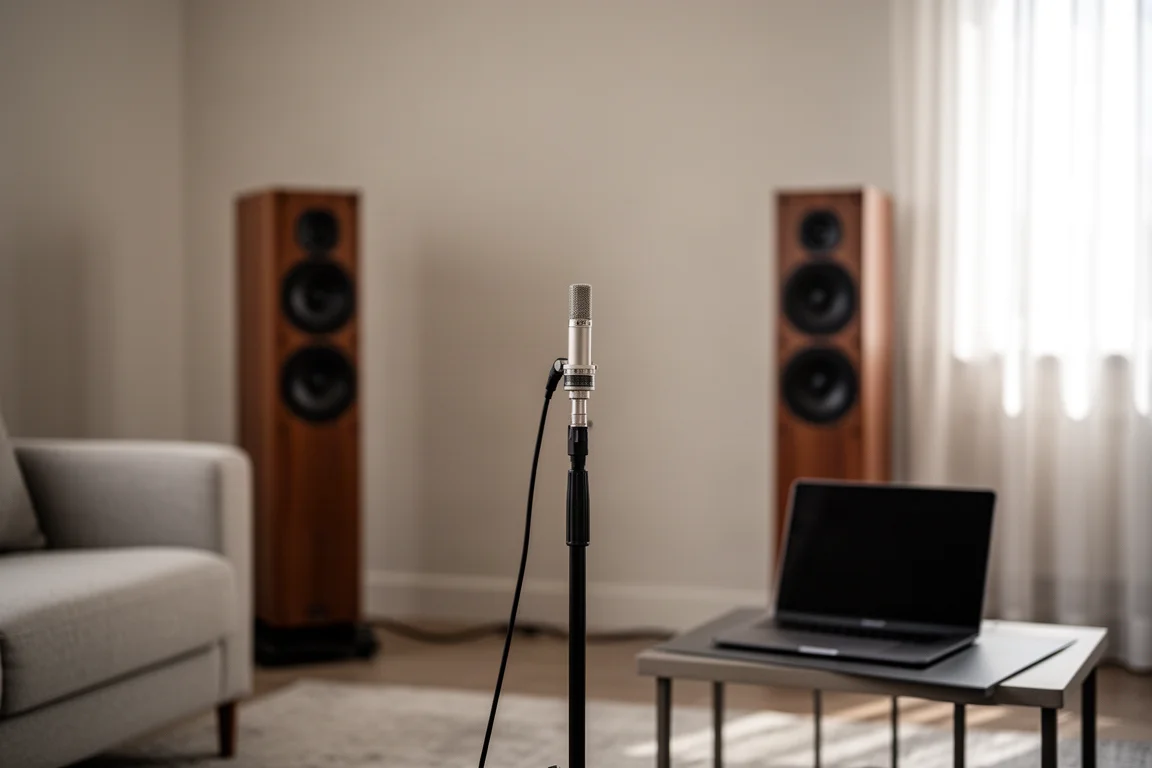 Meetmicrofoon op een standaard in een luisterkamer gericht op twee vloerstaande speakers