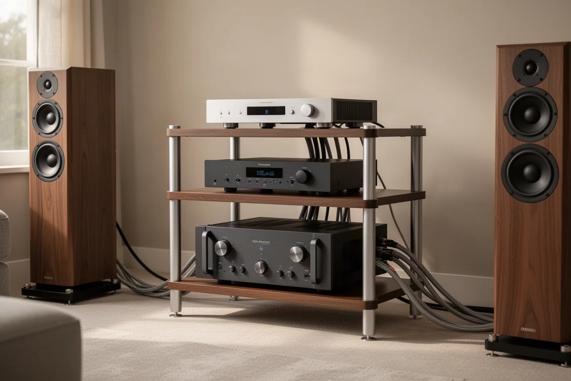 Hifi-rack met twee planken met een voorversterker en eindversterker in een zacht verlichte woonkamer