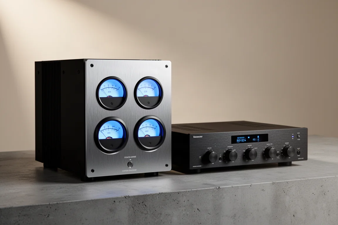 McIntosh C55 preamplifier and MC312 power amplifier side by side on a concrete surface