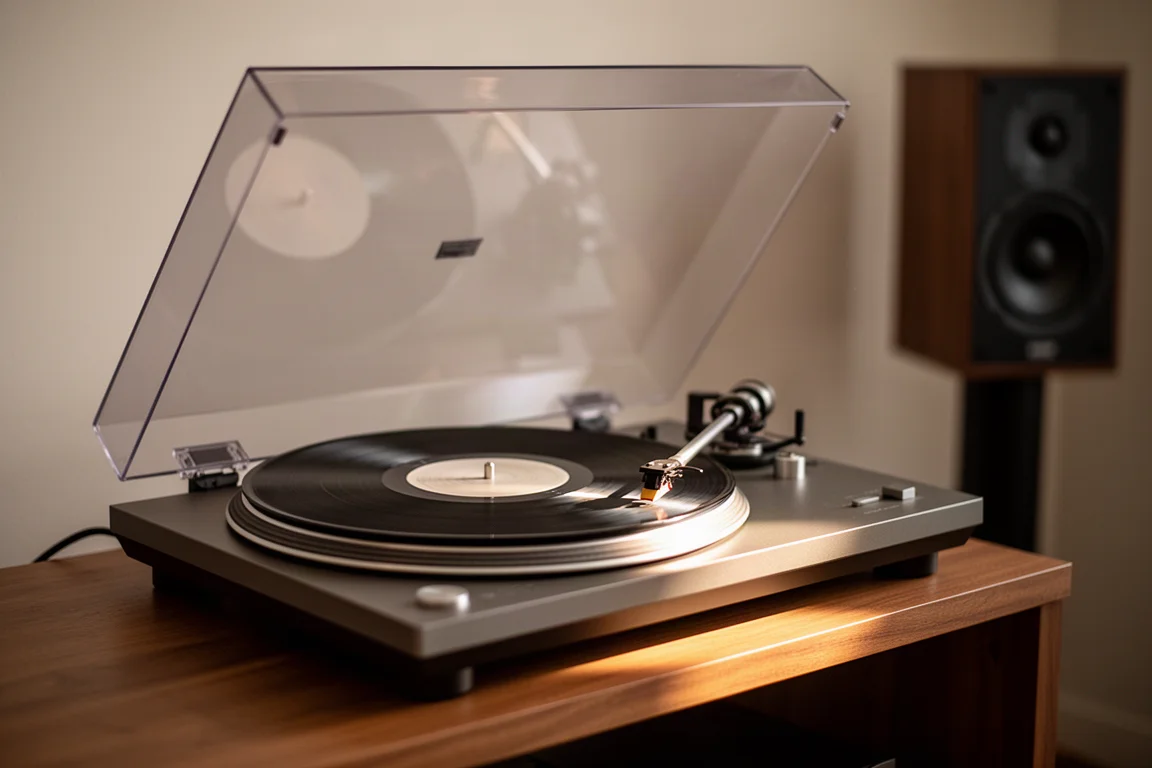 따뜻한 측광 아래 나무 선반에서 바이닐 레코드를 재생하는 턴테이블