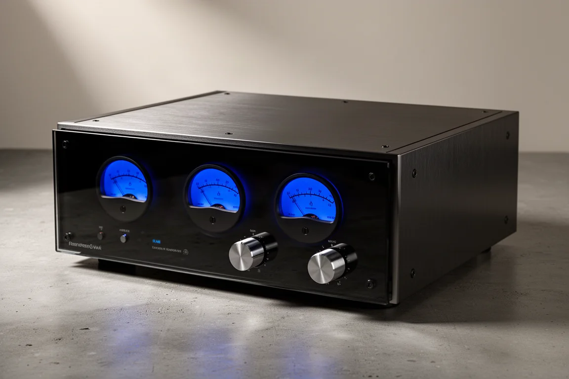 Full-width hi-fi streaming preamplifier with blue meters on a matte concrete surface