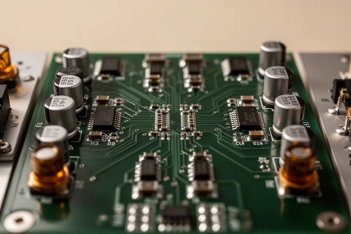 Zbliżenie na high-endową płytkę drukowaną audio z kondensatorami i symetrycznym układem
