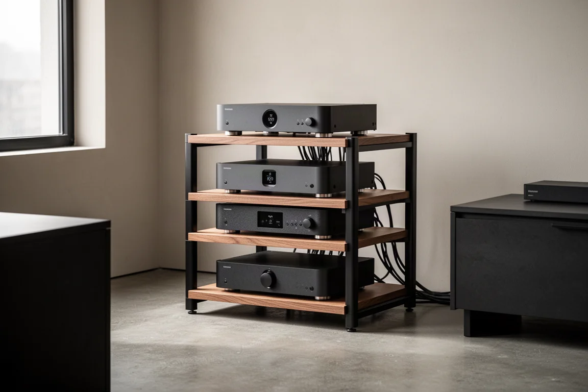 Modularny stelaż hi-fi z ustawionymi komponentami i estetycznie poprowadzonymi kablami w minimalistycznym wnętrzu