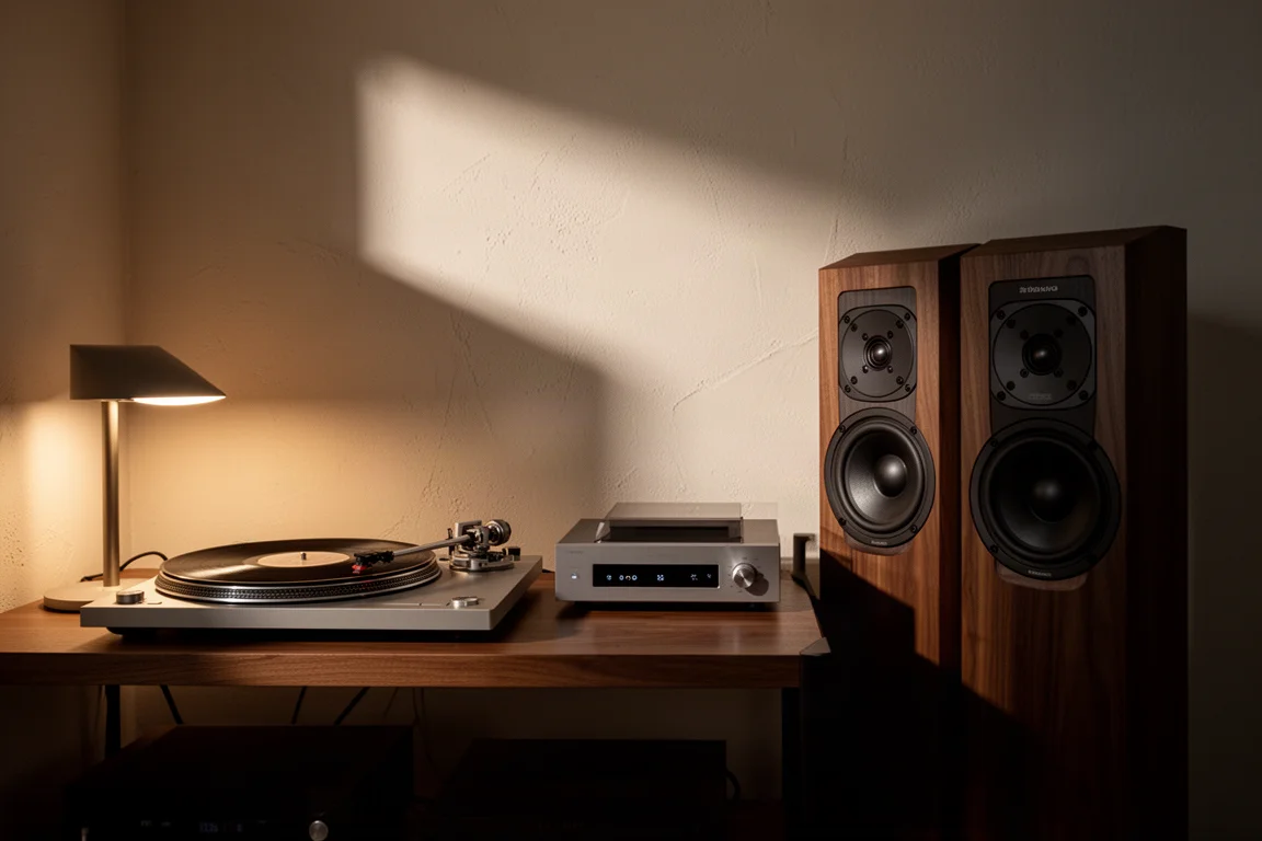 Wieczorne pomieszczenie odsłuchowe z obracającym się gramofonem, komponentem hi-fi i kolumnami podłogowymi