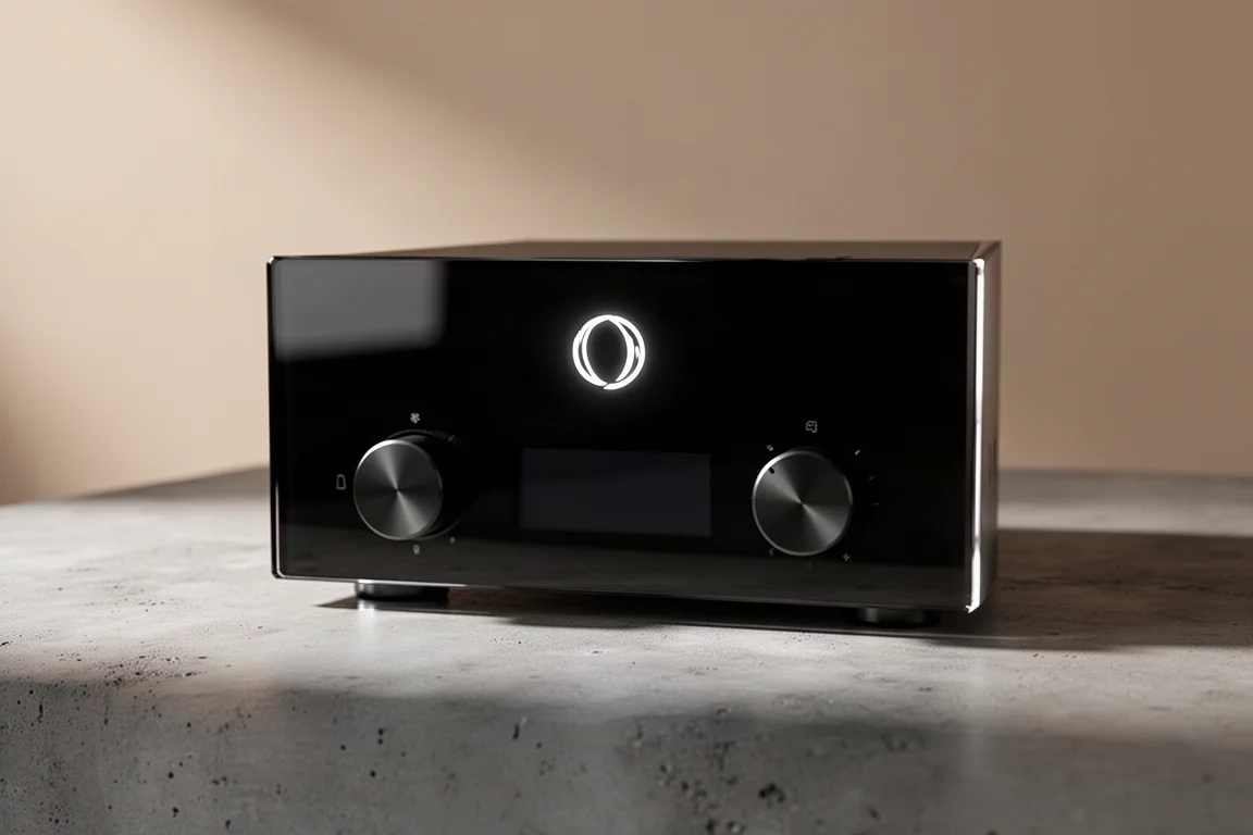 Slim high-end streaming DAC with black glass front panel and two rotary knobs