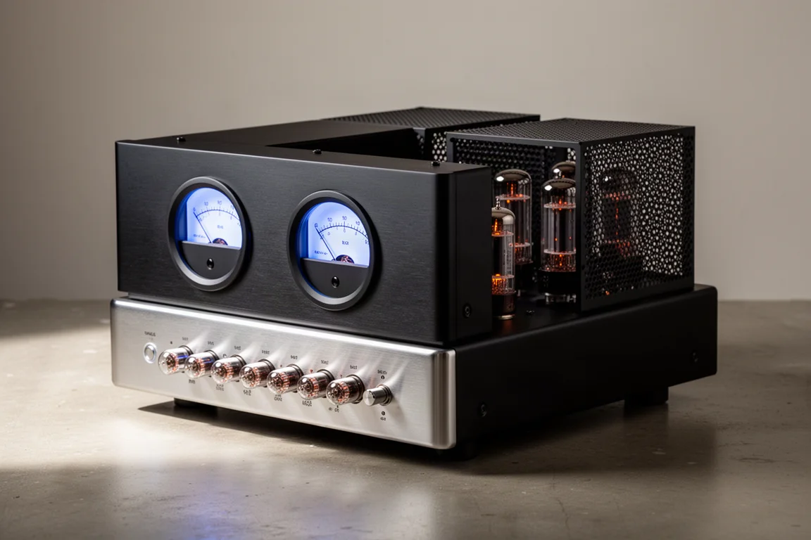 Large black integrated tube amplifier with polished steel front panel and blue-lit meters