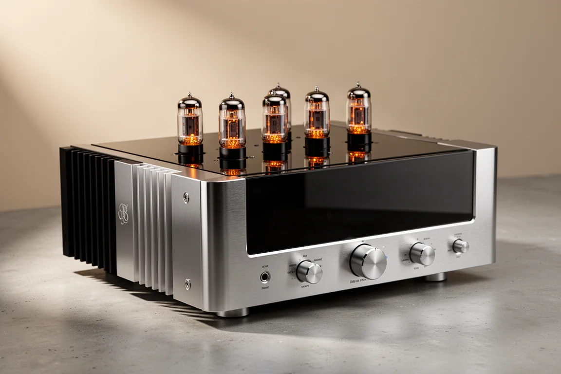 Hybrid integrated amplifier with exposed vacuum tubes on a polished stainless steel chassis