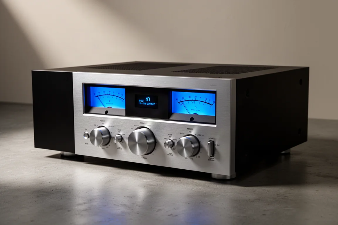 McIntosh MAC7200 stereo receiver with two glowing blue meters on a concrete surface