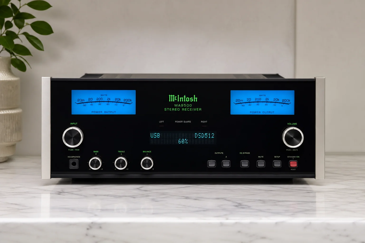Six stereo receivers arranged on concrete surface showing various sizes and designs