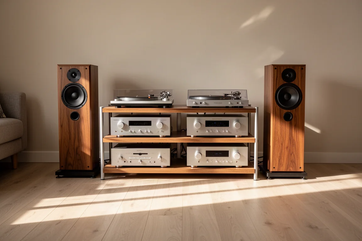 Vintage'owy rack hi-fi z gramofonem, wzmacniaczem i drewnianymi kolumnami w ciepłym popołudniowym świetle