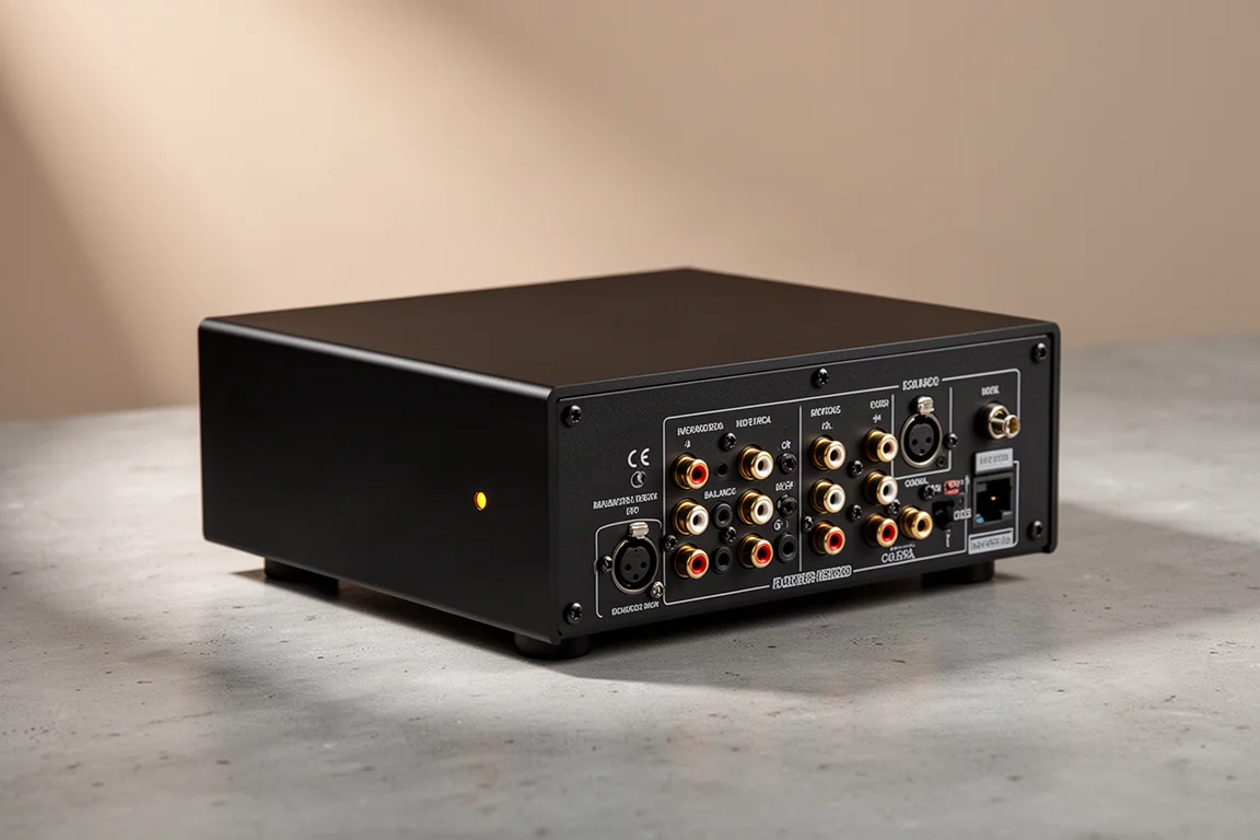 Compact matte black Bluetooth audio transceiver showing its front face and rear connector panel