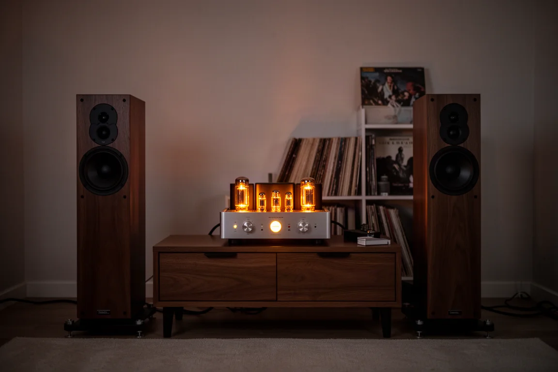 Sala de escucha en penumbra con un amplificador a válvulas encendido, altavoces de suelo y discos de vinilo