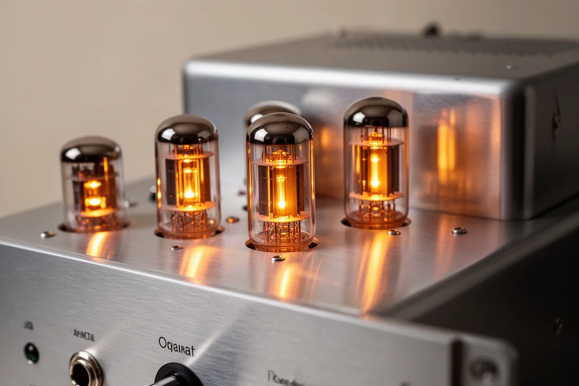 Primer plano de válvulas incandescentes dentro de un chasis de amplificador de metal cepillado